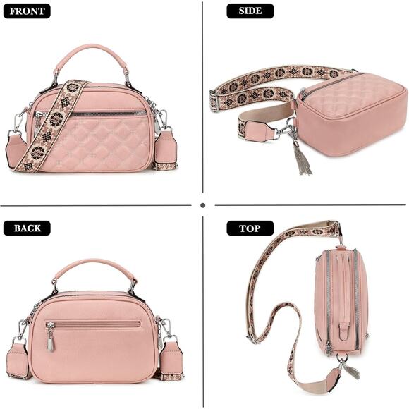 NEW Quilted Pink Crossbody Bag | Top Handle Purse w/ Boho Strap - Picture 4 of 6